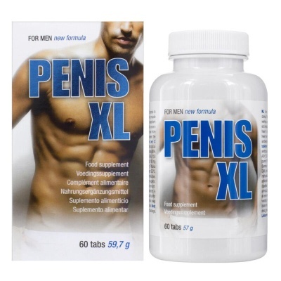 Suplemento alimentar PENIS XL para homens com embalagem e frasco