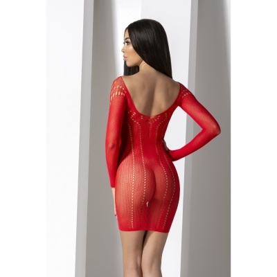 Vestido vermelho justo de malha com padrão de orifícios de manga comprida e decote nas costas