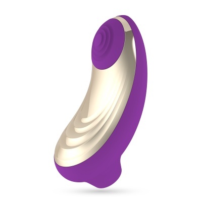 Dispositivo eletrônico roxo com detalhes metálicos dourados em fundo branco.