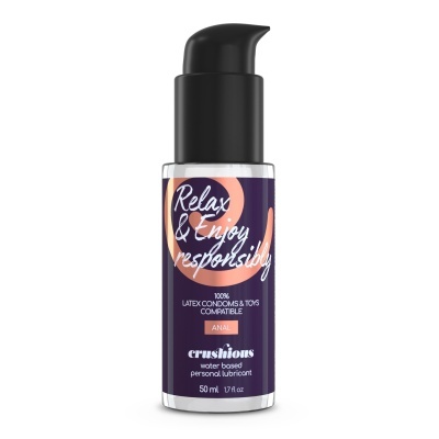 Frasco com pump preto de lubrificante à base de água, rótulo azul escuro com texto branco e laranja