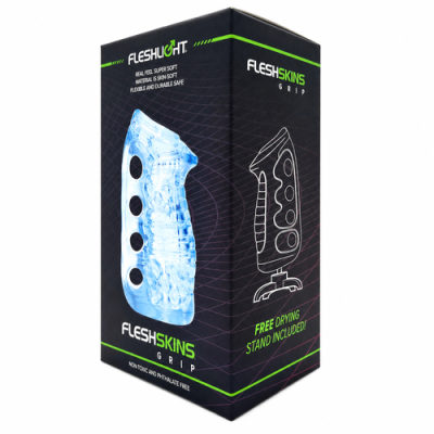 Embalagem de produto FLESH SKINS GRIP preto e verde com imagem de produto azul transparente