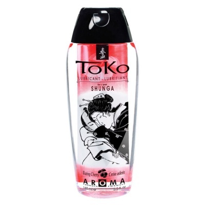 Frasco de lubrificante Toko by Shunga com rótulo vermelho e imagem japonesa