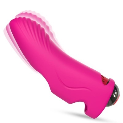 Vibrador rosa em silicone com textura ondulada e botão preto na base