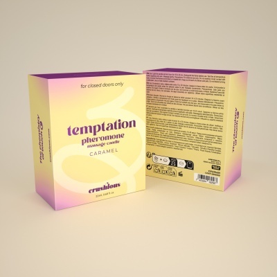 Caixas de vela de massagem pheromone em amarelo e roxo com texto explicativo