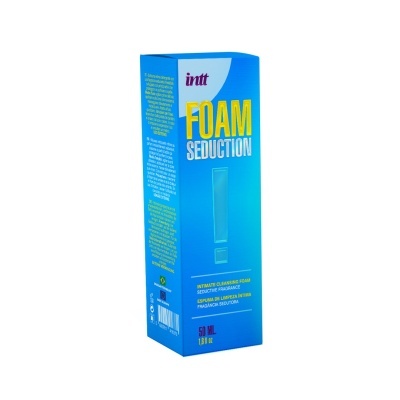 Caixa azul de espuma de limpeza íntima com texto FOAM SEDUCTION e volume 50 ML