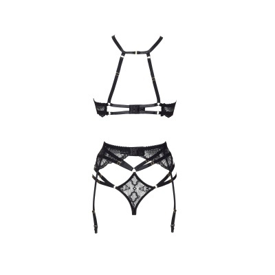 Conjunto de lingerie preto com renda e tiras ajustáveis em fundo branco