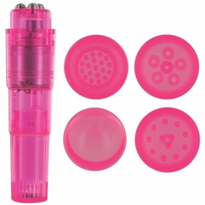Dispositivo vibratório rosa translúcido com quatro tampas intercambiáveis rosa de padrões diferentes