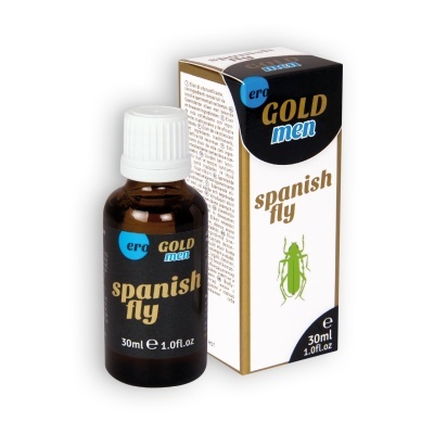 Frasco e caixa de Spanish fly com design preto, branco, azul e dourado, uma imagem verde de inseto na caixa.
