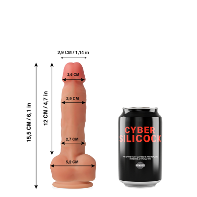 Dildo realista de silicone cor de pele com lata preta ao lado e medidas do produto