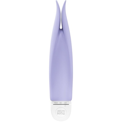 Vibrador roxo com base branca e texto FUN FACTORY