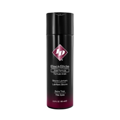 Frasco preto de lubrificante anal ID BackSlide com texto branco e detalhes em rosa