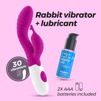 Vibrador Rabbit roxo e branca com lubrificante azul e texto sobre o produto em fundo rosa.