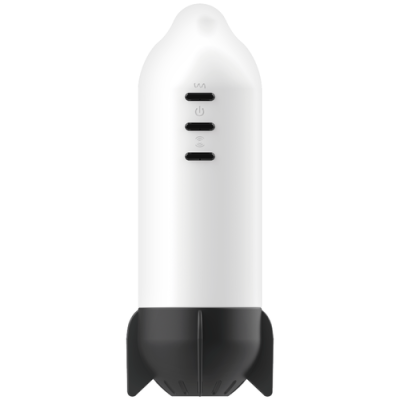 Dispositivo eletrônico formato foguete branco e preto com três botões.