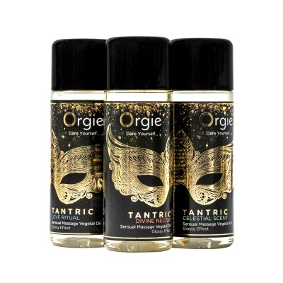 Frascos de óleo para massagem Orgie Tantric com design preto e dourado
