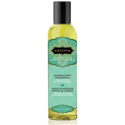 Frasco de óleo de massagem Soaring Spirit com rótulo verde e tampa preta