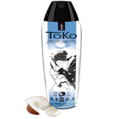 Frasco de lubrificante ToKo sabor água de coco com ilustração japonesa e pedaços de coco