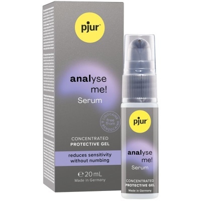Embalagem e frasco cinzentos de gel protetor pjur analyse me! Serum com detalhes amarelos e lilás