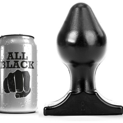 Lata prateada ALL BLACK com punho preto e objeto preto em forma de plugue com número 8