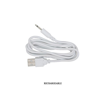 Cabo de carregamento branco USB a conector 3,5 mm com texto RECHARGEABLE