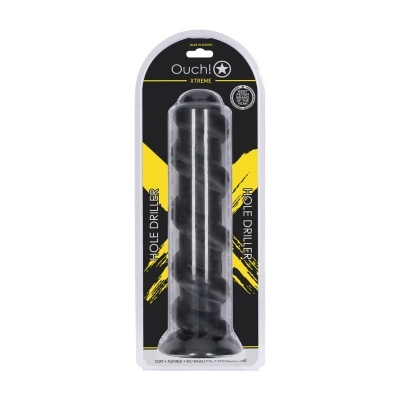 Embalagem preta e amarela contendo um produto cilíndrico preto com textura espiral chamado Ouch! XTREME HOLE DRILLER.