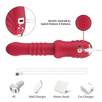Vibrador vermelho com botão ligado e cabo USB branco