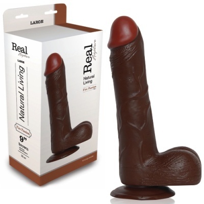 Dildo castanho realista com base de ventosa e embalagem ao lado