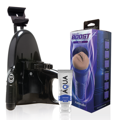 Máquina preta com controlo manual, embalagem azul Fleshlghit Boost Blow e tubo de gel lubrificante Aqua 50ml