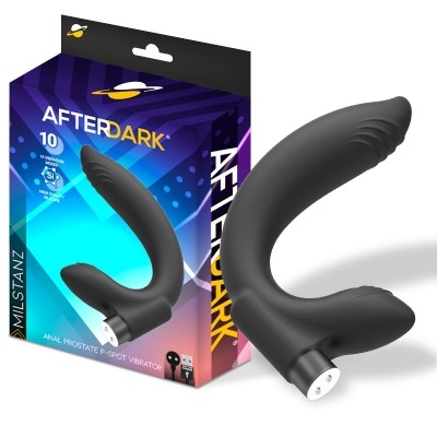 Vibrador anal preto em silicone com embalagem azul e roxa com texto Afterdark