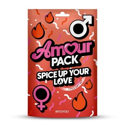 Embalagem vermelha Amour Pack com símbolos masculino e feminino e fogo