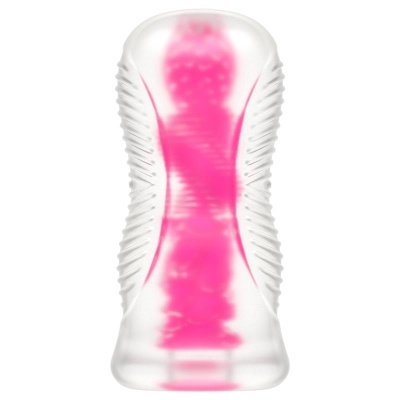 Produto transparente com interior rosa texturizado e laterais caneladas