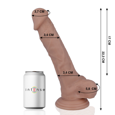 Dildo castanho com medidas e lata branca com texto intense ao lado