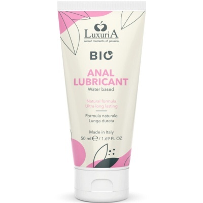 Frasco de lubrificante anal LuxuriA Bio 50 ml com design rosa e preto
