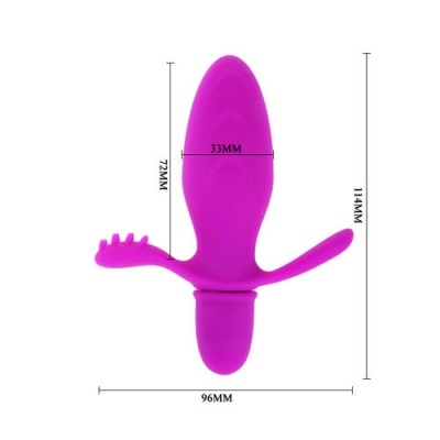 Produto de silicone roxo com formas curvas e dimensões medidas
