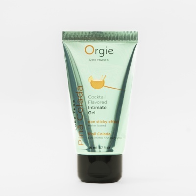 Frasco verde água com tampa preta de Gel Íntimo Piña Colada da marca Orgie.