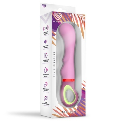 Vibrador cor-de-rosa silicone embalagem branca com padrões coloridos