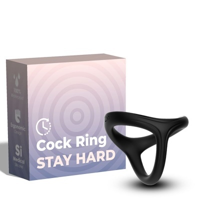 Anel preto para o pénis e caixa roxa com texto Cock Ring STAY HARD