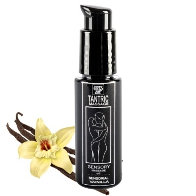 Frasco preto de óleo de massagem sensorial com desenho de casal e flores de baunilha