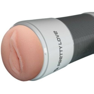 Dispositivo sexual masculino com ponta em silicone cor de pele e corpo preto com faixa branca e texto PRETTY LOVE
