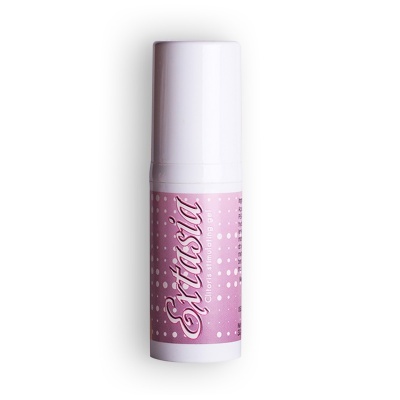 Frasco branco com etiqueta rosa de gel estimulante para clitóris