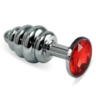 Plug anal metálico prateado com base vermelho facetado