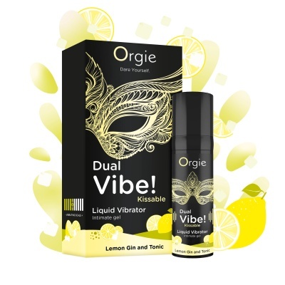 Gel íntimo líquido Orgie Dual Vibe! com embalagem preta e padrão de máscara dourada