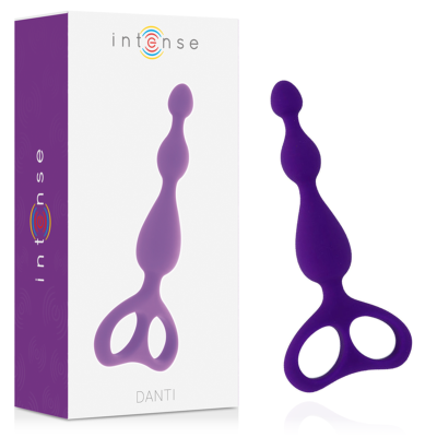 Estimulador sexual roxo em silicone e embalagem branca e roxa com marca Intense