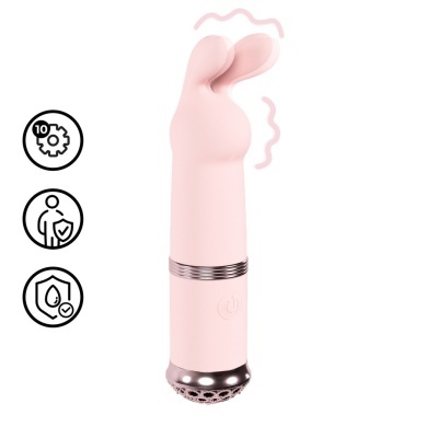 Vibrador rosa silicone formato coelho com botão e base prateada
