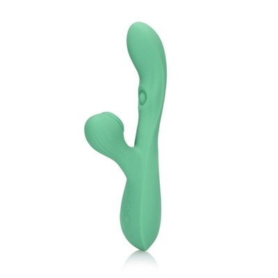 Vibrador verde água em silicone com duas extremidades e botões embutidos
