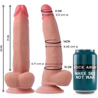 Dildos realistas com medidas e lata azul com texto