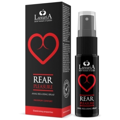 Embalagem e frasco de spray anal relaxante preto com vermelho Luxuria