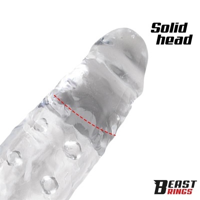 Produto transparente com textura e relevo para uso desconhecido, com texto sólido head e Beast Rings.