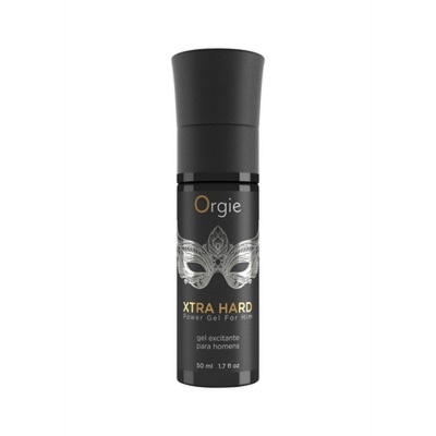 Frasco preto com rótulo máscara prata e texto Orgie Xtra Hard gel para homens