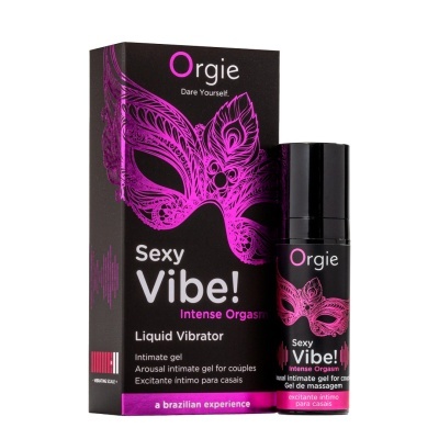 Embalagem e frasco de gel íntimo líquido Orgie Sexy Vibe! Intense Orgasm preto com detalhes em rosa.