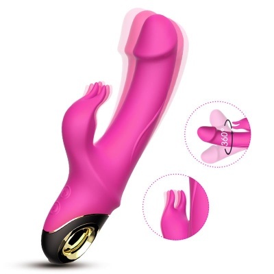 Vibrador rosa em silicone com dupla estimulação e controlo na base preta com detalhe dourado.